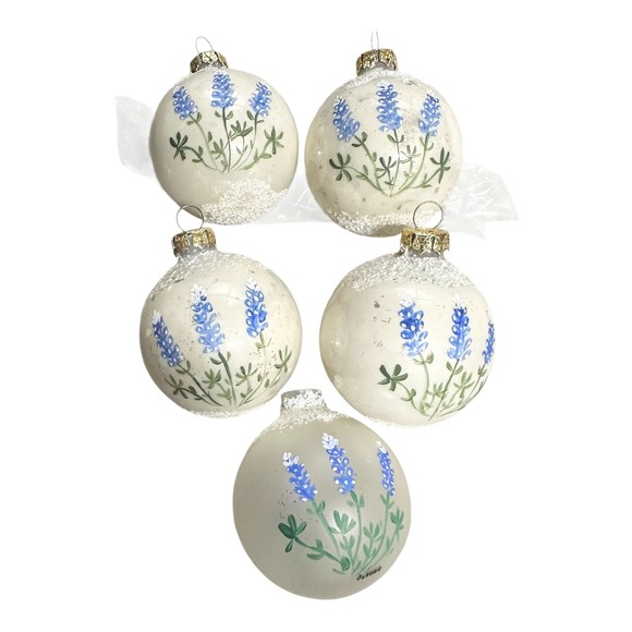 Other - Vtg Bluebonnets CHRISTMAS Glass ORNAMENTS DECORATIONS LOT OF 5 Hand Painted